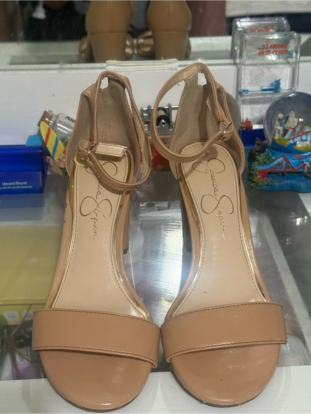 Jessica Simpson Tan Open-Toe Ankle-Strap Block Heels